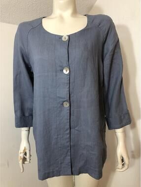 Eva Tralala Womens Medium Linen 3/4 Sleeve Blouse Slate Blue Button Front Paris
